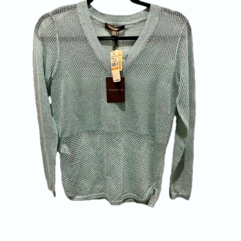 Tommy Bahama Womens Top Open Knit Metallic V Neck Sweater - Picture 3 of 7